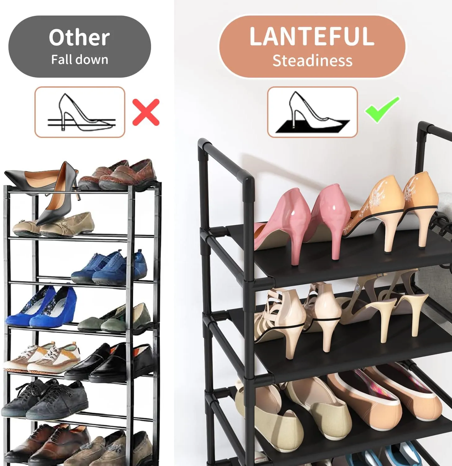 10 Tiers Tall Shoe Rack 20-25 Pairs Boots Organizer Storage Sturdy Narrow Shoe Shelf for Entryway, Closets with Hooks, Black