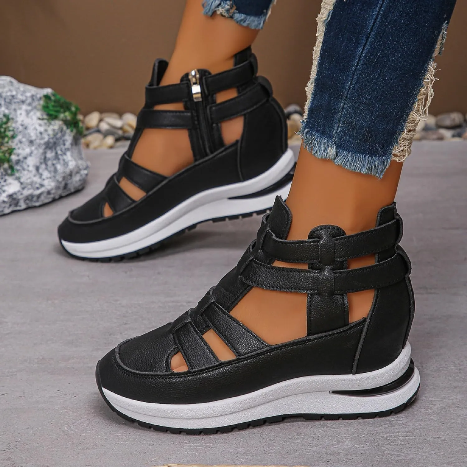 2025 New Side Zipper Comfortable Lightweight Wedge Sandals Leather Closed Toe Comfortable Casual Stylish Sandals Casual Stylish Roman Sandal
