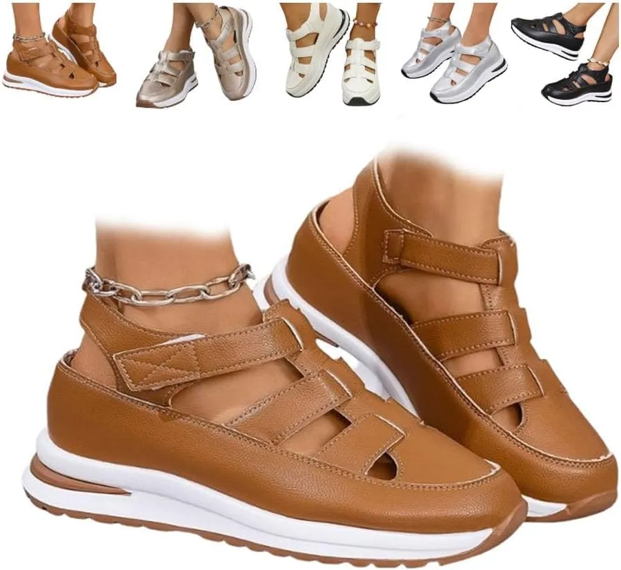 2025 New Women's Hollow Out Breathable Platform Wedge Sandals Casual Stylish Roman Sandal Leather Closed Toe Comfortable Sandals