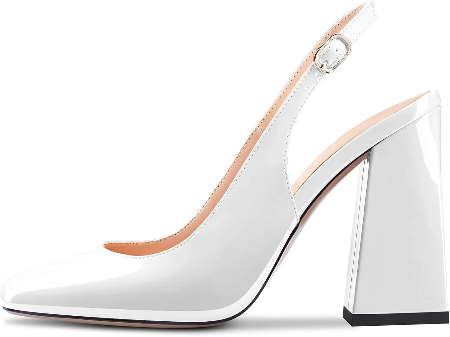 Aachcol Women Slingback Chunky Block High Heel Pumps Close Square Toe Ankle Strap Dress Shoes Party Wedding Patent 4 Inch