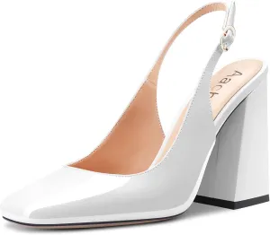 Aachcol Women Slingback Chunky Block High Heel Pumps Close Square Toe Ankle Strap Dress Shoes Party Wedding Patent 4 Inch