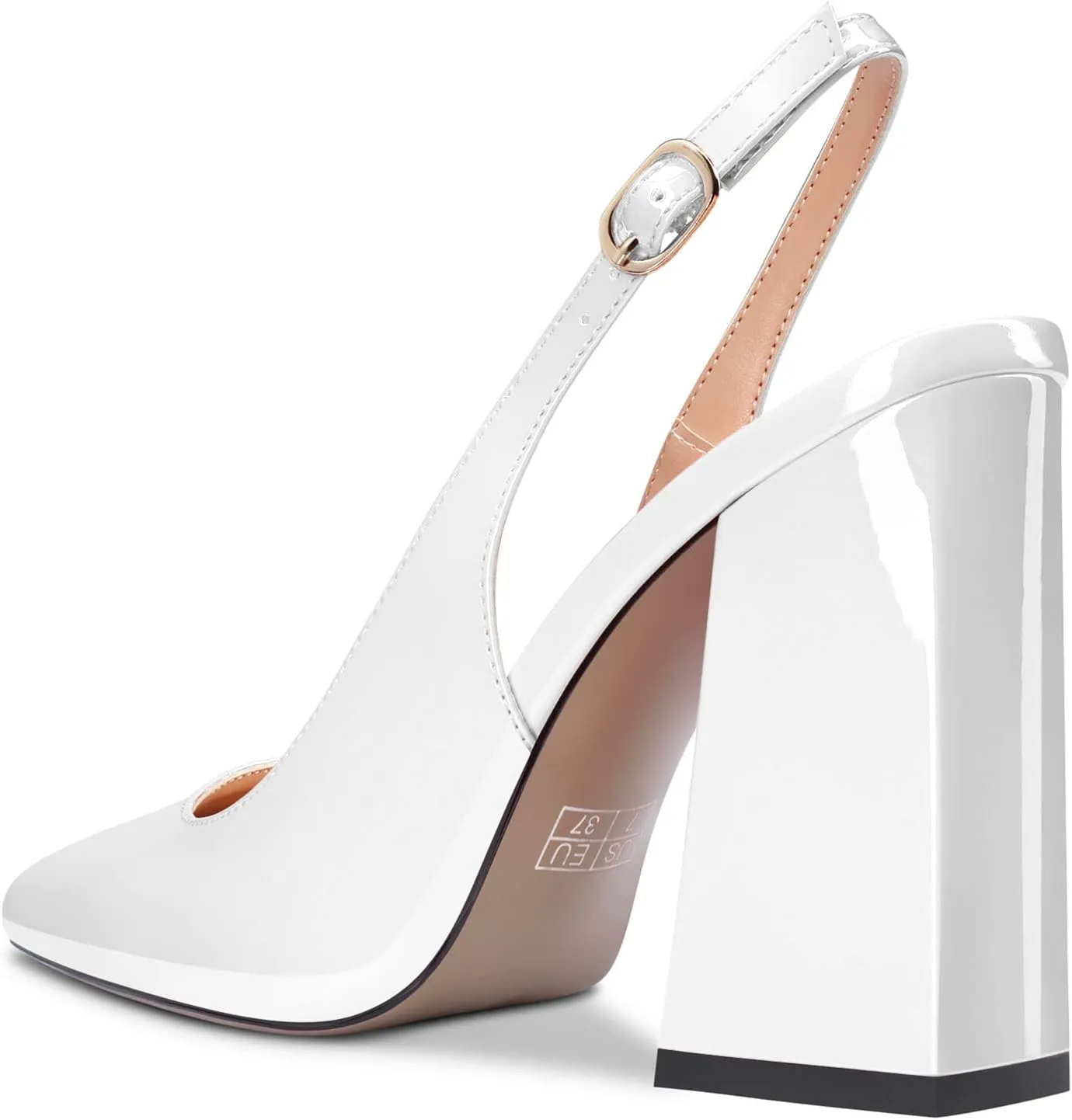 Aachcol Women Slingback Chunky Block High Heel Pumps Close Square Toe Ankle Strap Dress Shoes Party Wedding Patent 4 Inch