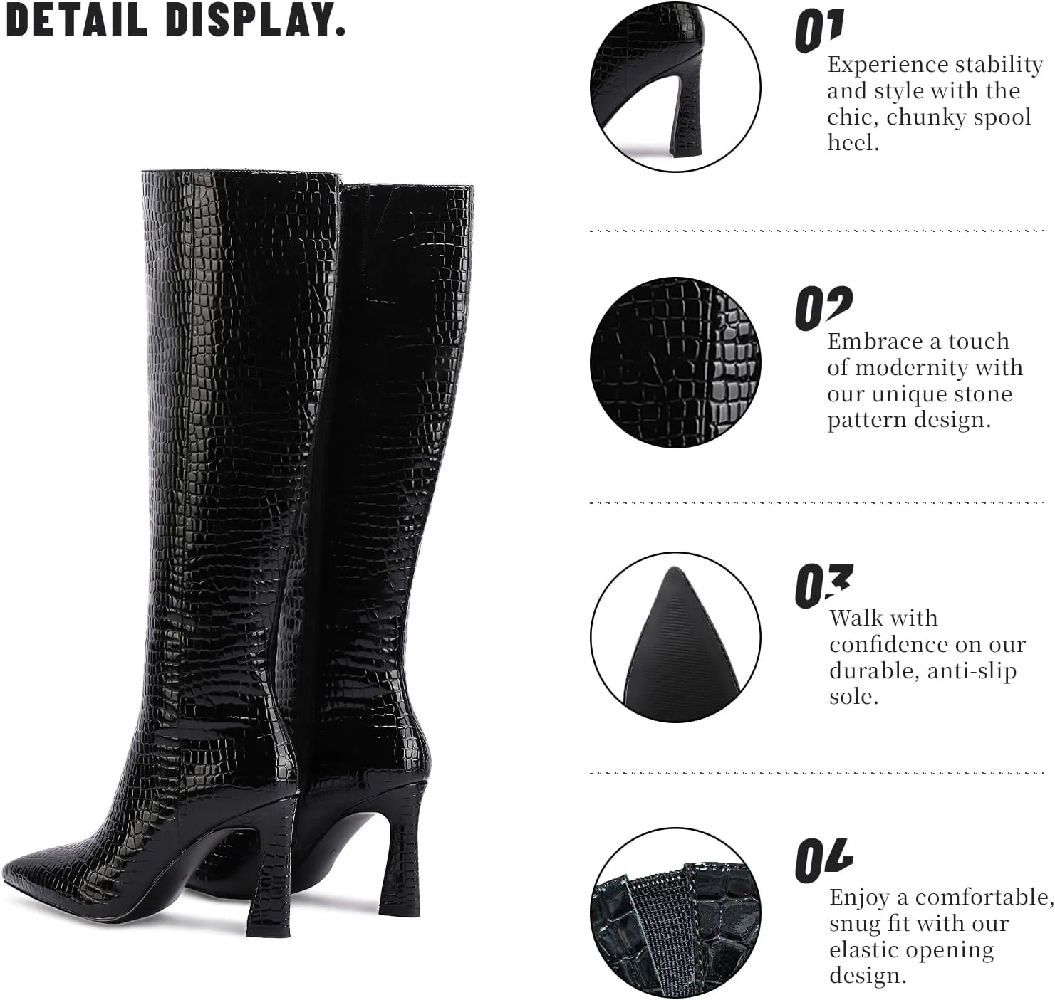 Adrizzlein Women Knee High Boots Pointed Toe Side Zipper Chunky Spool Heel Boot