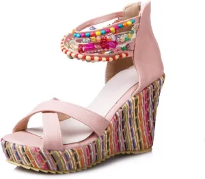 Aflngle Women's Wedges Open Peep Toe Slope Sandals Platform High Heels Thick-Soled Back Zipper Espadrilles Fashion Bohemian Ethnic Summer Casual Sandal Shoes