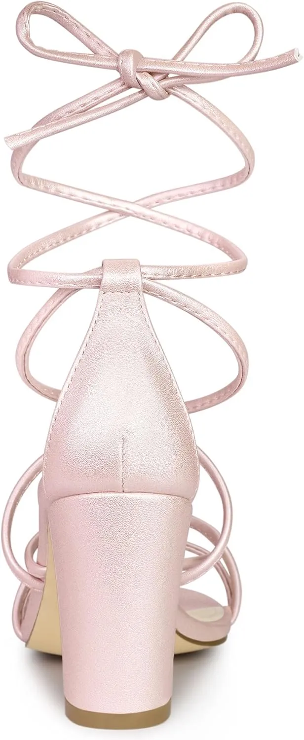 Allegra K Women's Strappy Lace Up Chunky Heeled Sandals