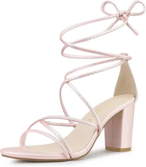 Allegra K Women's Strappy Lace Up Chunky Heeled Sandals