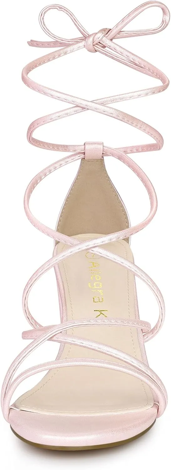 Allegra K Women's Strappy Lace Up Chunky Heeled Sandals