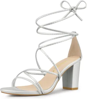 Allegra K Women's Strappy Lace Up Chunky Heeled Sandals