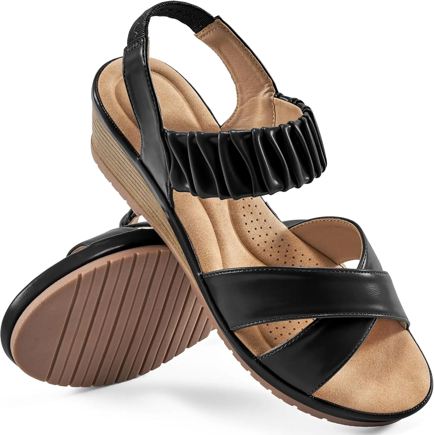 Almusen Womens Wedge Sandals Dressy: Comfortable Elastic Ankle Strap Summer Low Heel Work Sandals for Women Fashion Cross Band Wedding Shoes