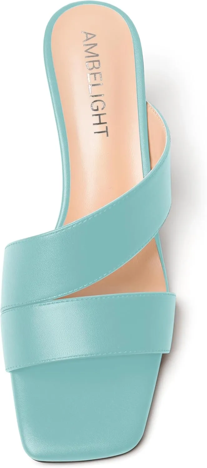 AMBELIGHT Womens Matte Casual Solid Slip On Indoor Square Toe Kitten Low Heel Heeled Sandals 2 Inch