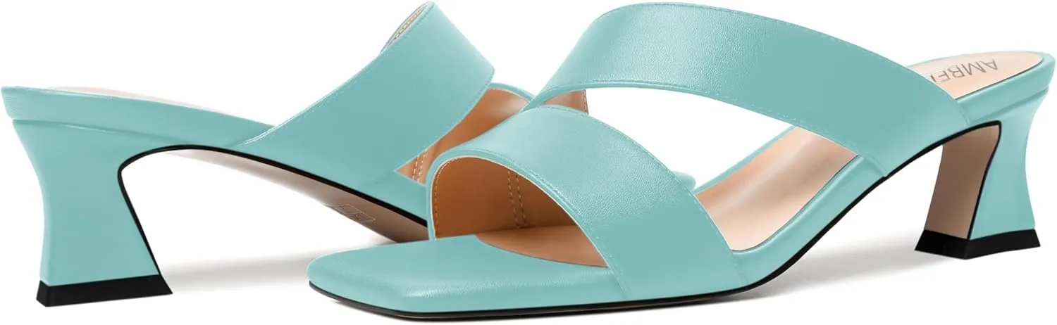 AMBELIGHT Womens Matte Casual Solid Slip On Indoor Square Toe Kitten Low Heel Heeled Sandals 2 Inch