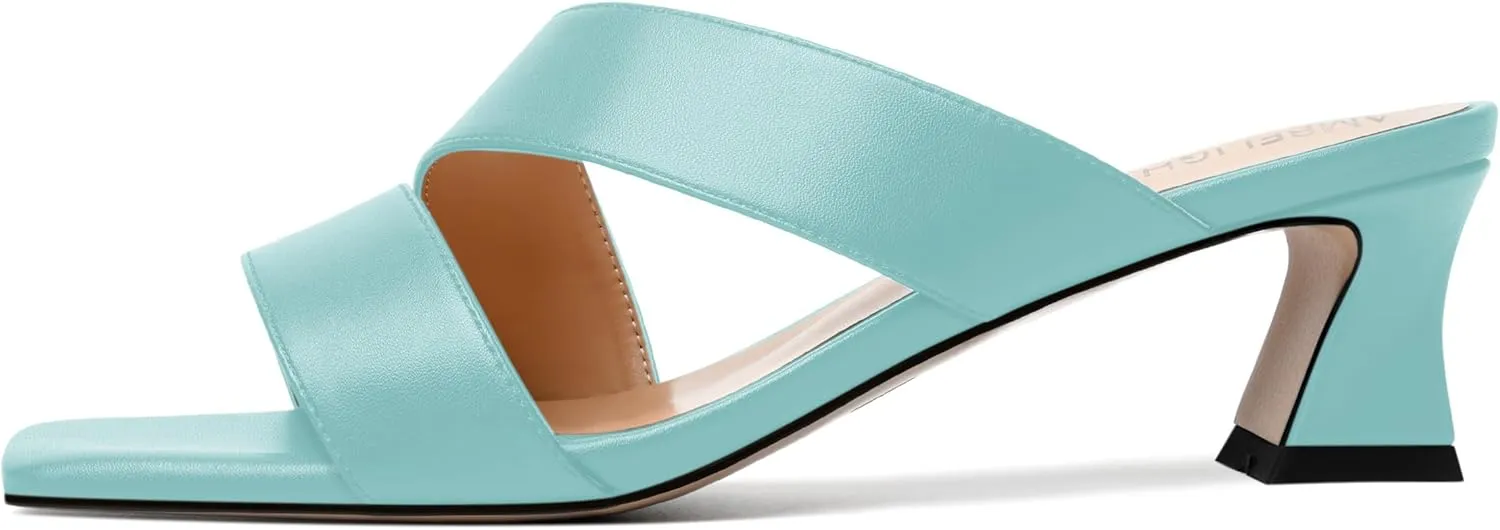 AMBELIGHT Womens Matte Casual Solid Slip On Indoor Square Toe Kitten Low Heel Heeled Sandals 2 Inch