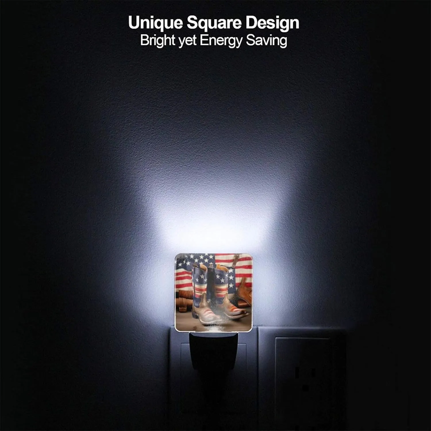 American Flag with Cowboy Boots Night light inserted into wall, LED wireless battery powered portable motion sensing night light