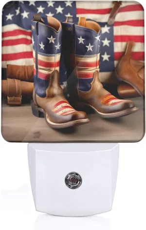 American Flag with Cowboy Boots Night light inserted into wall, LED wireless battery powered portable motion sensing night light