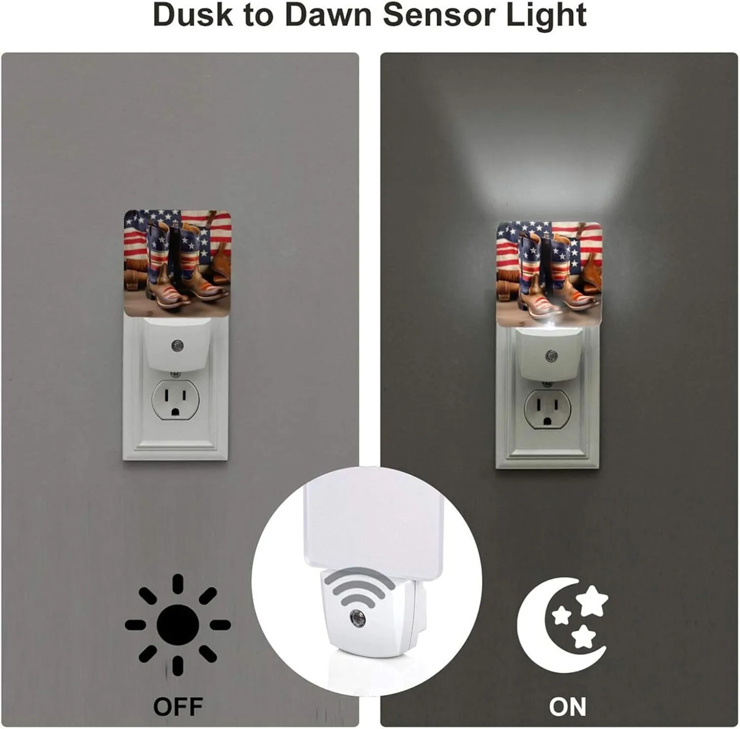 American Flag with Cowboy Boots Night light inserted into wall, LED wireless battery powered portable motion sensing night light