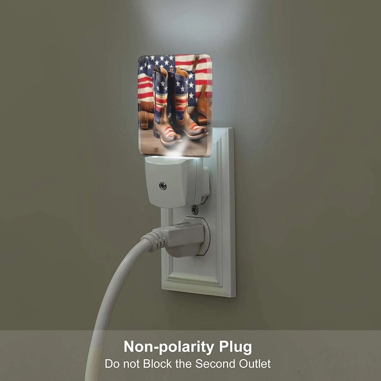 American Flag with Cowboy Boots Night light inserted into wall, LED wireless battery powered portable motion sensing night light