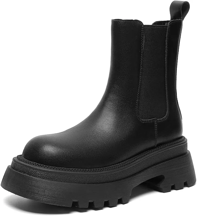 Amoji Women Leather Chelsea Platform Boots Lug Sole Ankle Booties 916