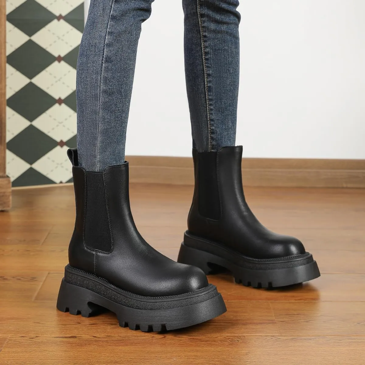 Amoji Women Leather Chelsea Platform Boots Lug Sole Ankle Booties 916