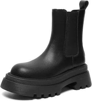 Amoji Women Leather Chelsea Platform Boots Lug Sole Ankle Booties 916