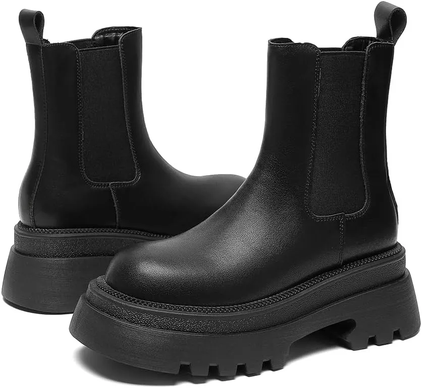 Amoji Women Leather Chelsea Platform Boots Lug Sole Ankle Booties 916