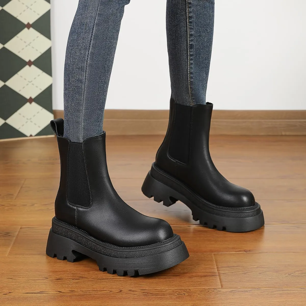 Amoji Women Leather Chelsea Platform Boots Lug Sole Ankle Booties 916
