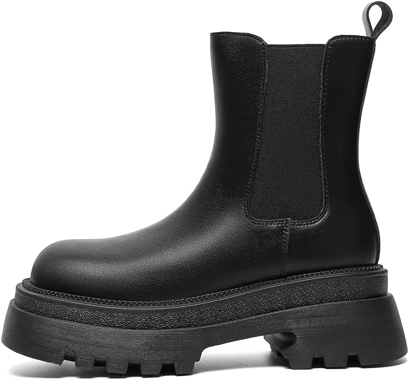 Amoji Women Leather Chelsea Platform Boots Lug Sole Ankle Booties 916
