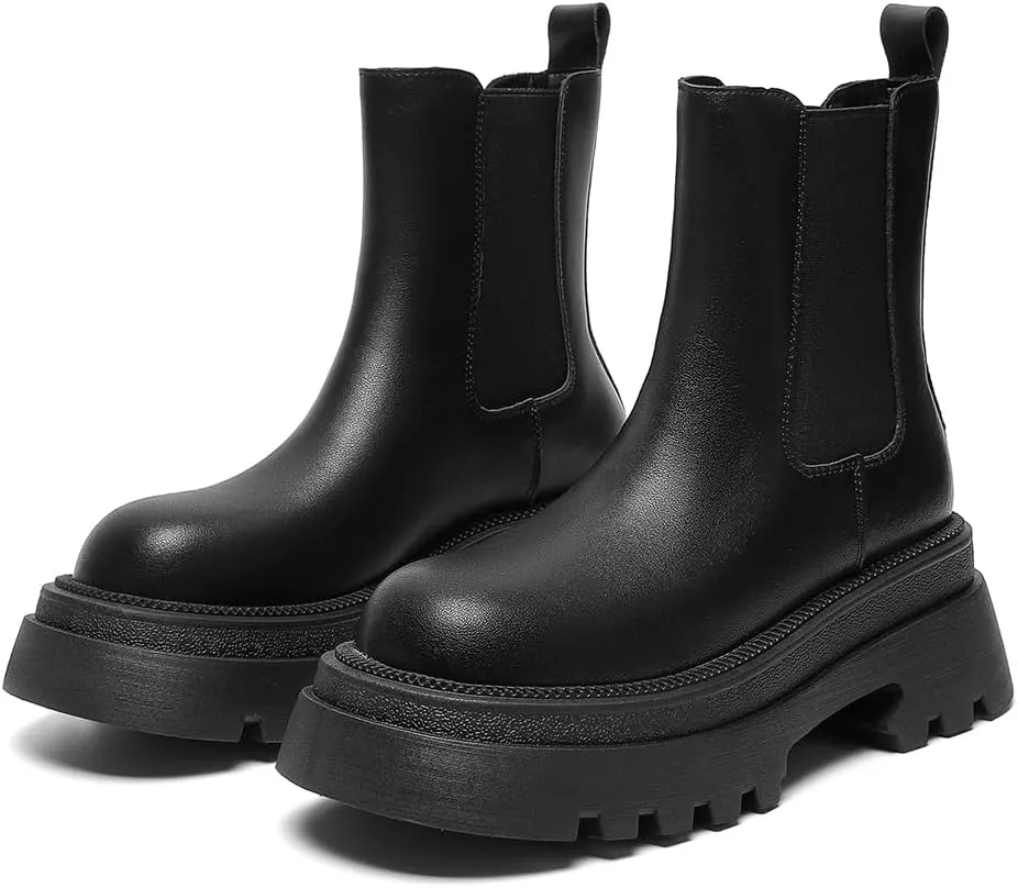 Amoji Women Leather Chelsea Platform Boots Lug Sole Ankle Booties 916