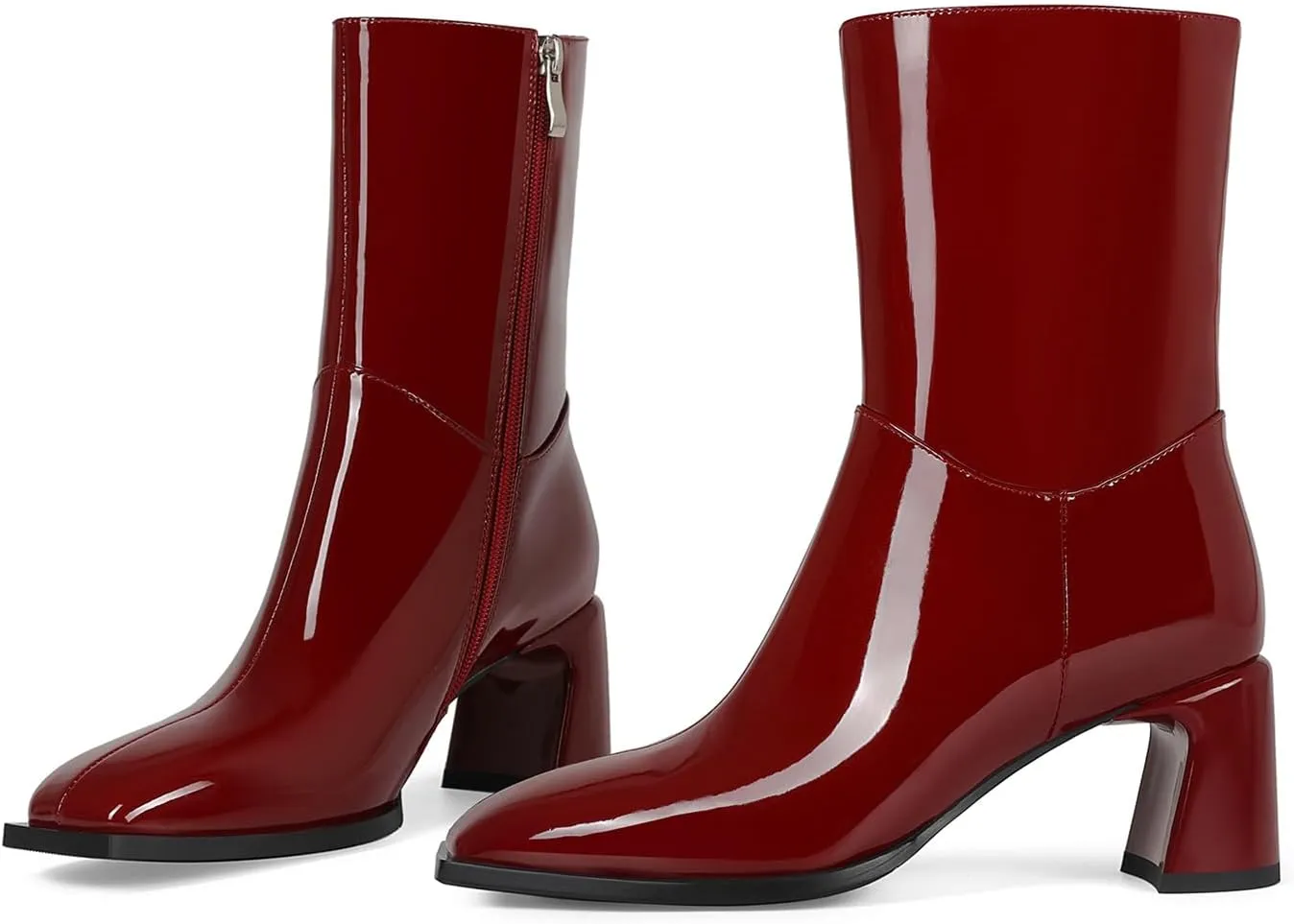 Ankle High Boots for Women Trendy Square Toe Mid-calf boots Block Chunky Heel Short Booties Side Zipper Patent Leather Dress Boots for Women.