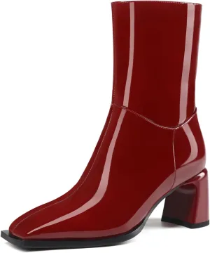 Ankle High Boots for Women Trendy Square Toe Mid-calf boots Block Chunky Heel Short Booties Side Zipper Patent Leather Dress Boots for Women.