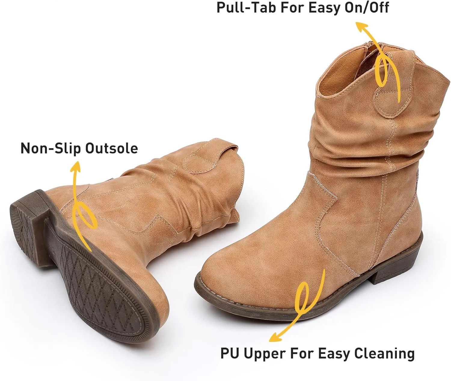 Apakowa Girls Cowgirl Boots Girls Western Slouch Mid-Calf Boots with Side Zipper Soft Faux Suede Fashion Dress Boots for Little & Big Kids