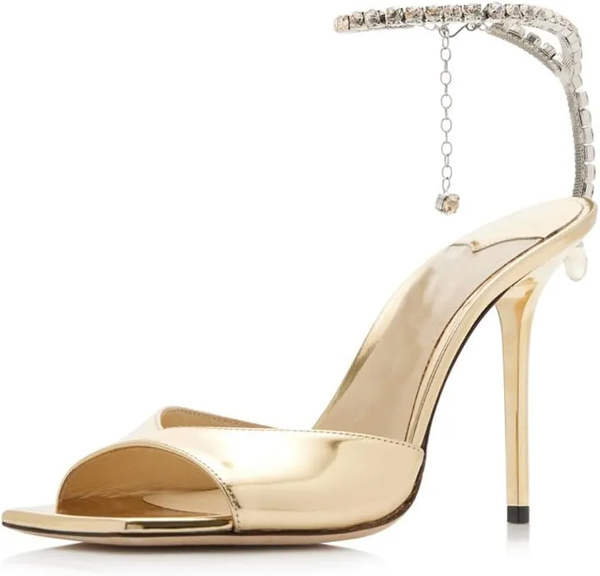 Arqa Rhinestone Ankle Strap Heeled Sandals Peep Toe Sparkly High Heels Slingback Stiletto Heels Wedding Pumps