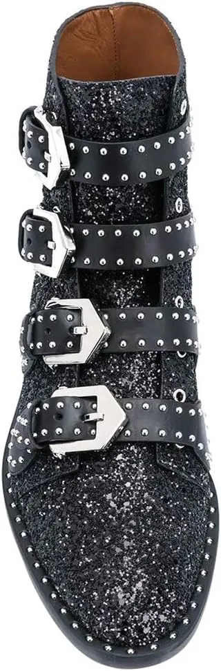 Arqa Studded Ankle Boots for Women Round Toe Rivet Buckle Strap Riding Boot Low Heel Motorcycle Booties