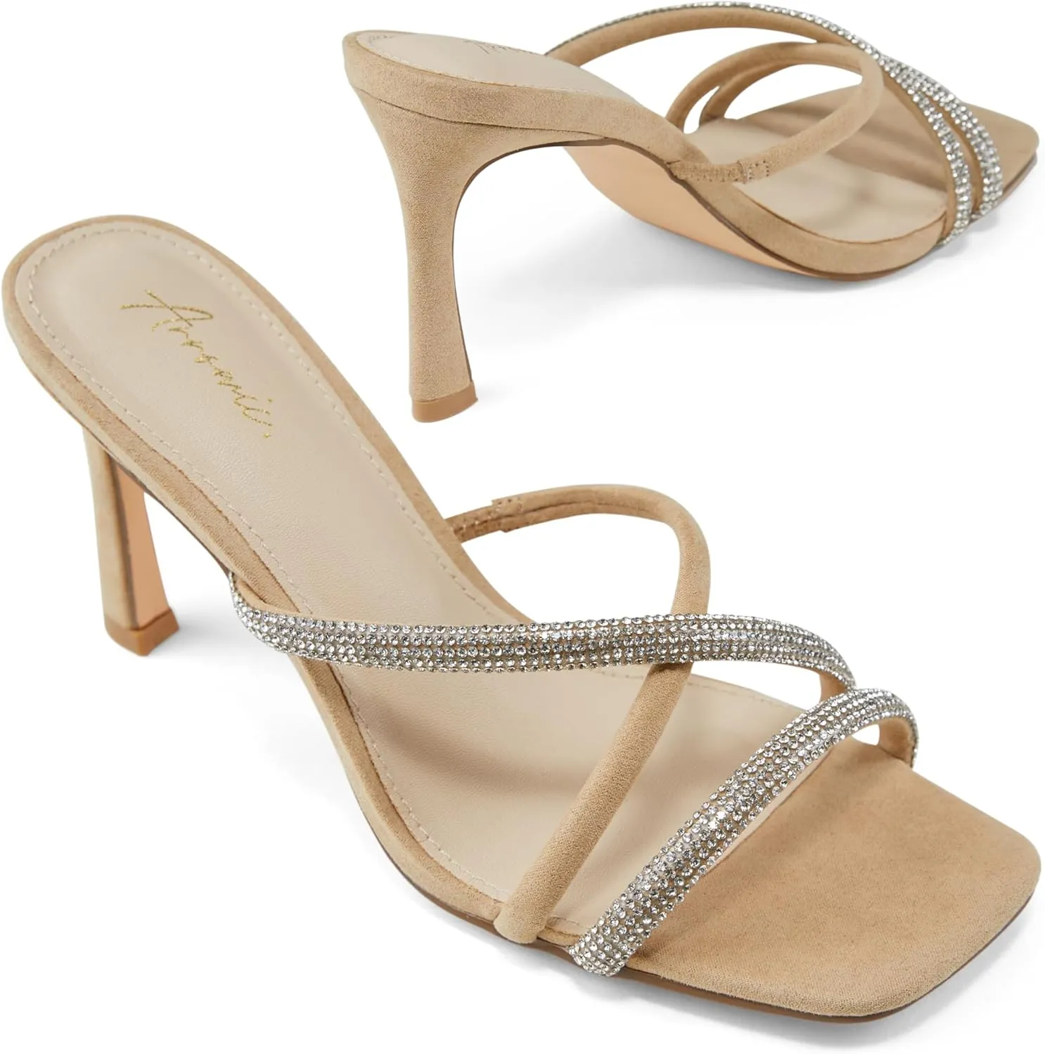 Arromic Women's Rhinestone Strappy High Stiletto Heels Square Open Toe Heeled Slip on Sandals Date Party Dress Wedding Sexy Crystal Straps Heels Shoes