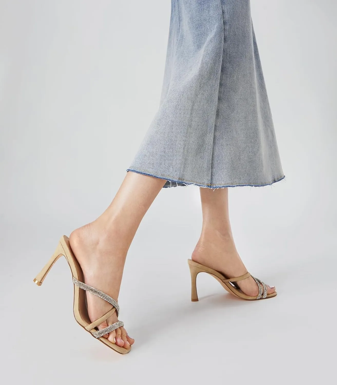 Arromic Women's Rhinestone Strappy High Stiletto Heels Square Open Toe Heeled Slip on Sandals Date Party Dress Wedding Sexy Crystal Straps Heels Shoes