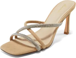 Arromic Women's Rhinestone Strappy High Stiletto Heels Square Open Toe Heeled Slip on Sandals Date Party Dress Wedding Sexy Crystal Straps Heels Shoes