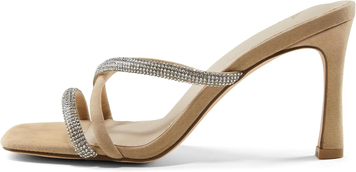 Arromic Women's Rhinestone Strappy High Stiletto Heels Square Open Toe Heeled Slip on Sandals Date Party Dress Wedding Sexy Crystal Straps Heels Shoes