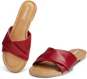 ATHMILE Sandals Women Dressy Summer Flat Comfortable Fashion Beach Cute Ladies Slides Leather Casual Dress Women's Sandals 2025 Size 6-11