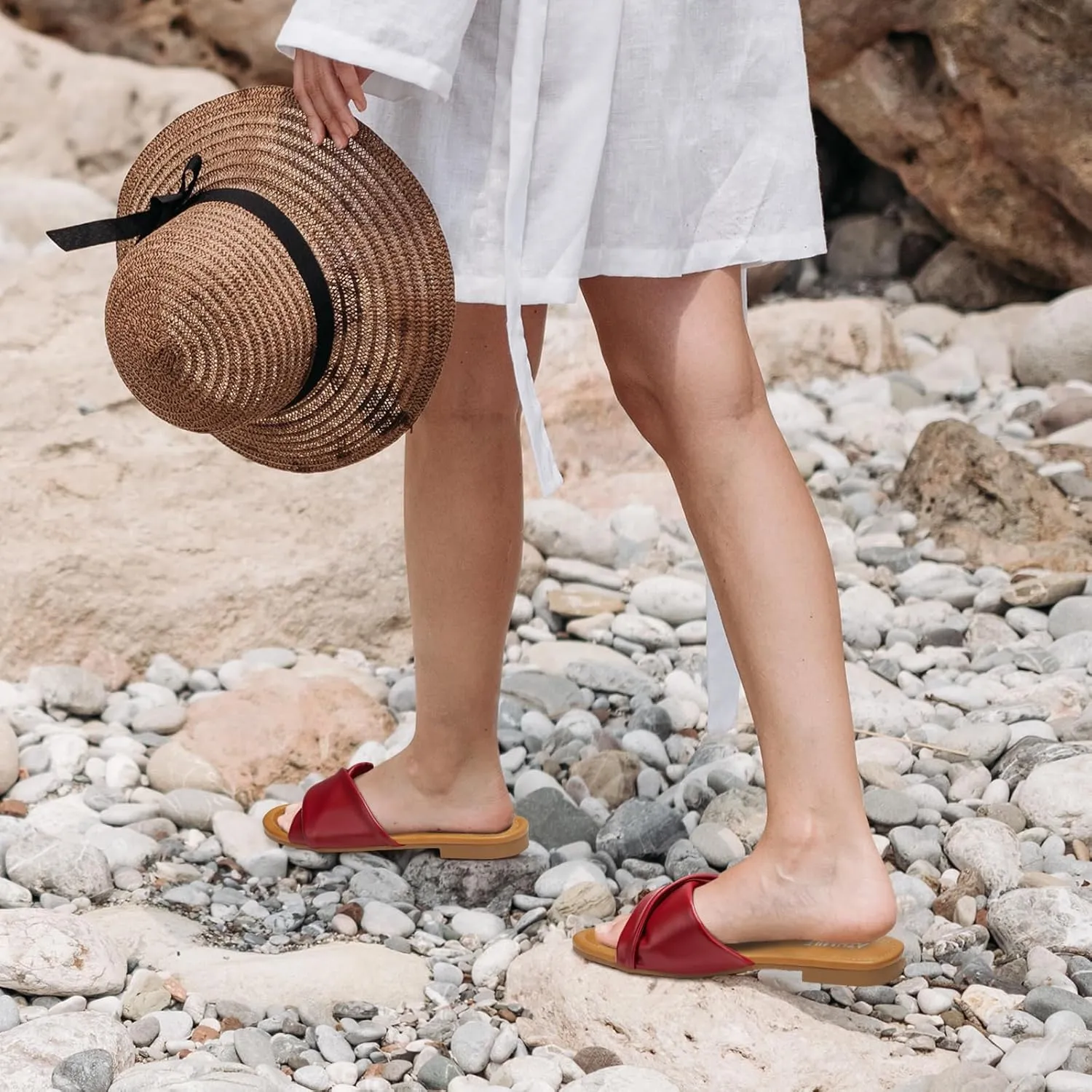 ATHMILE Sandals Women Dressy Summer Flat Comfortable Fashion Beach Cute Ladies Slides Leather Casual Dress Women's Sandals 2025 Size 6-11