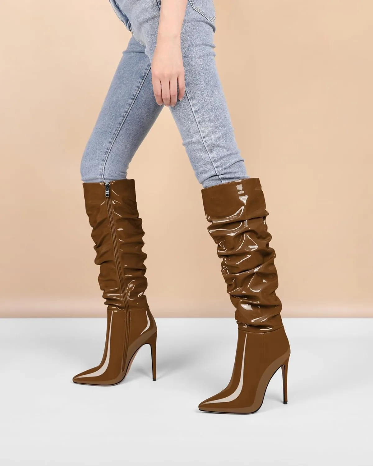 AUMOTED Knee High Boots for Women Stiletto Heel Womens Boots Side Zipper Slouchy High Boots for Women 4.7 Inch Heeled Boots