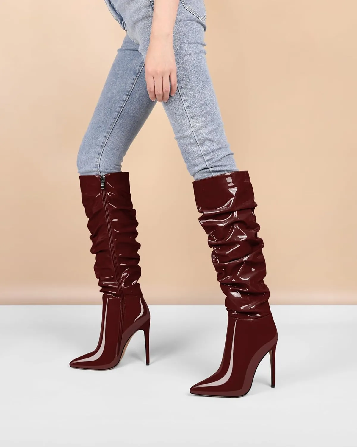 AUMOTED Knee High Boots for Women Stiletto Heel Womens Boots Side Zipper Slouchy High Boots for Women 4.7 Inch Heeled Boots