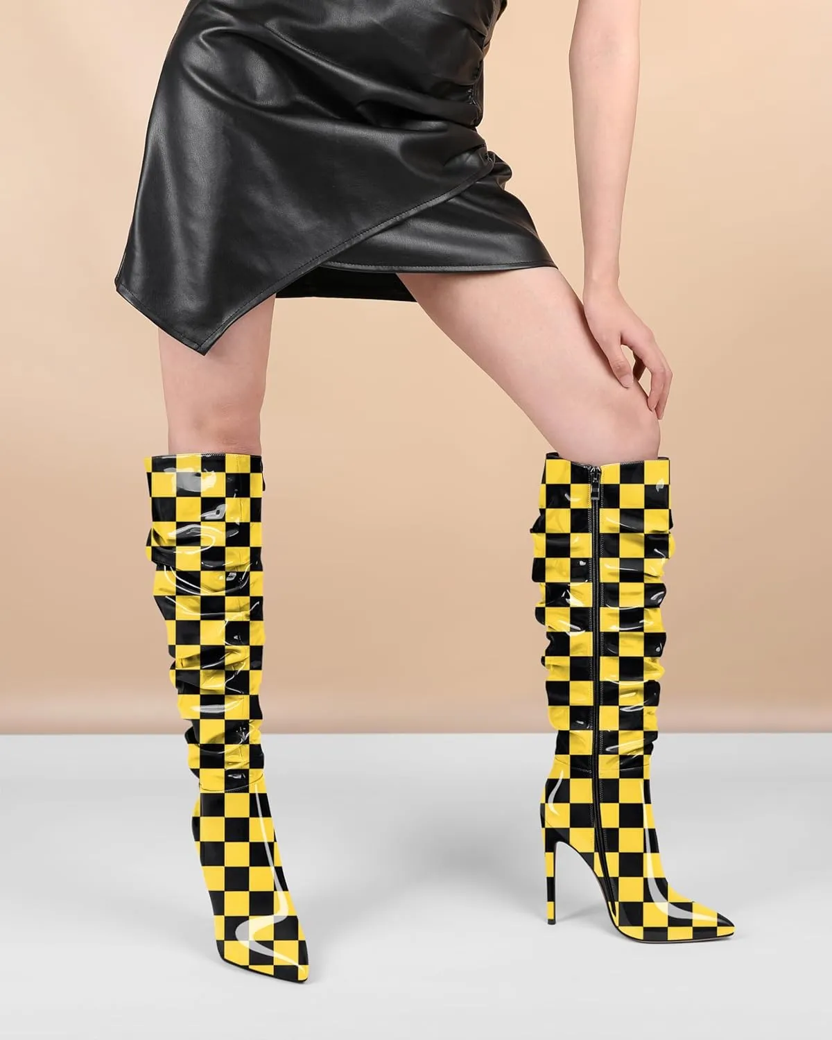 AUMOTED Knee High Boots for Women Stiletto Heel Womens Boots Side Zipper Slouchy High Boots for Women 4.7 Inch Heeled Boots