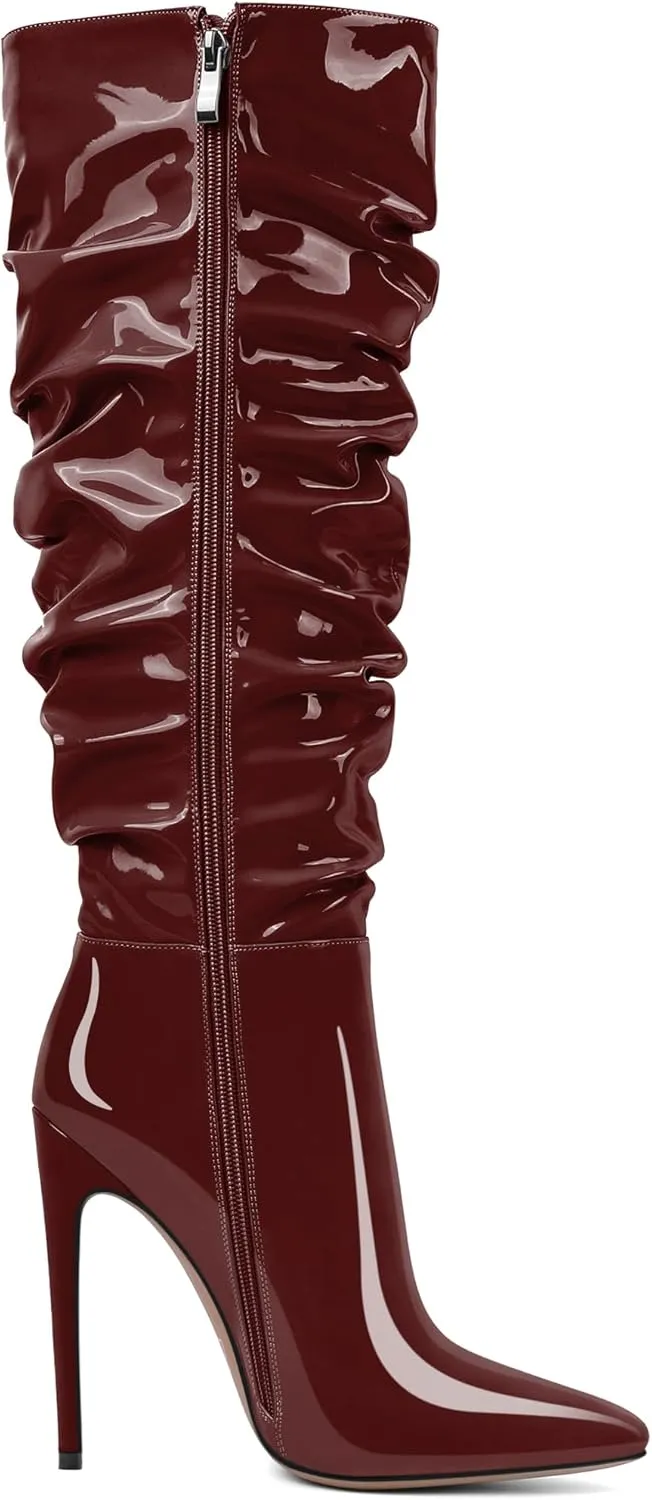 AUMOTED Knee High Boots for Women Stiletto Heel Womens Boots Side Zipper Slouchy High Boots for Women 4.7 Inch Heeled Boots