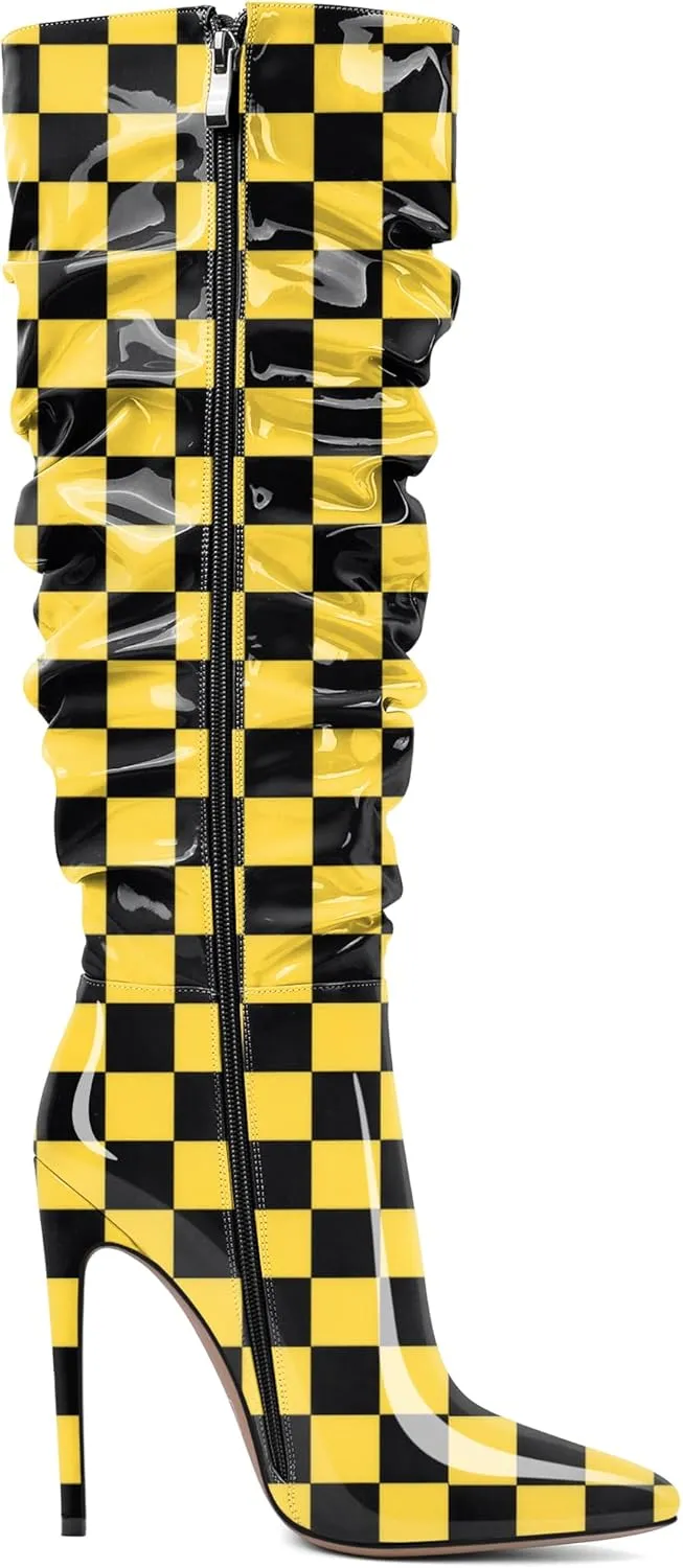 AUMOTED Knee High Boots for Women Stiletto Heel Womens Boots Side Zipper Slouchy High Boots for Women 4.7 Inch Heeled Boots