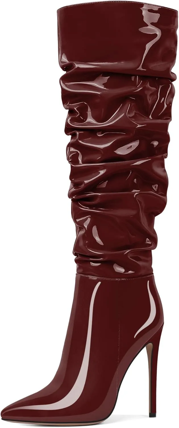 AUMOTED Knee High Boots for Women Stiletto Heel Womens Boots Side Zipper Slouchy High Boots for Women 4.7 Inch Heeled Boots