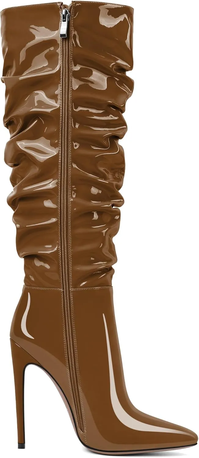 AUMOTED Knee High Boots for Women Stiletto Heel Womens Boots Side Zipper Slouchy High Boots for Women 4.7 Inch Heeled Boots