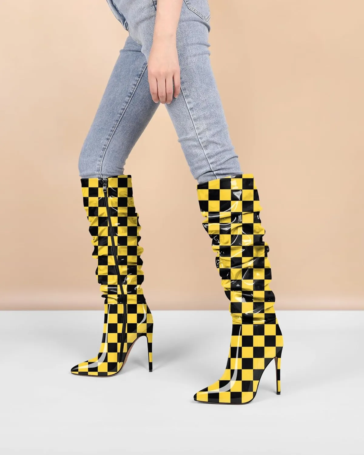 AUMOTED Knee High Boots for Women Stiletto Heel Womens Boots Side Zipper Slouchy High Boots for Women 4.7 Inch Heeled Boots
