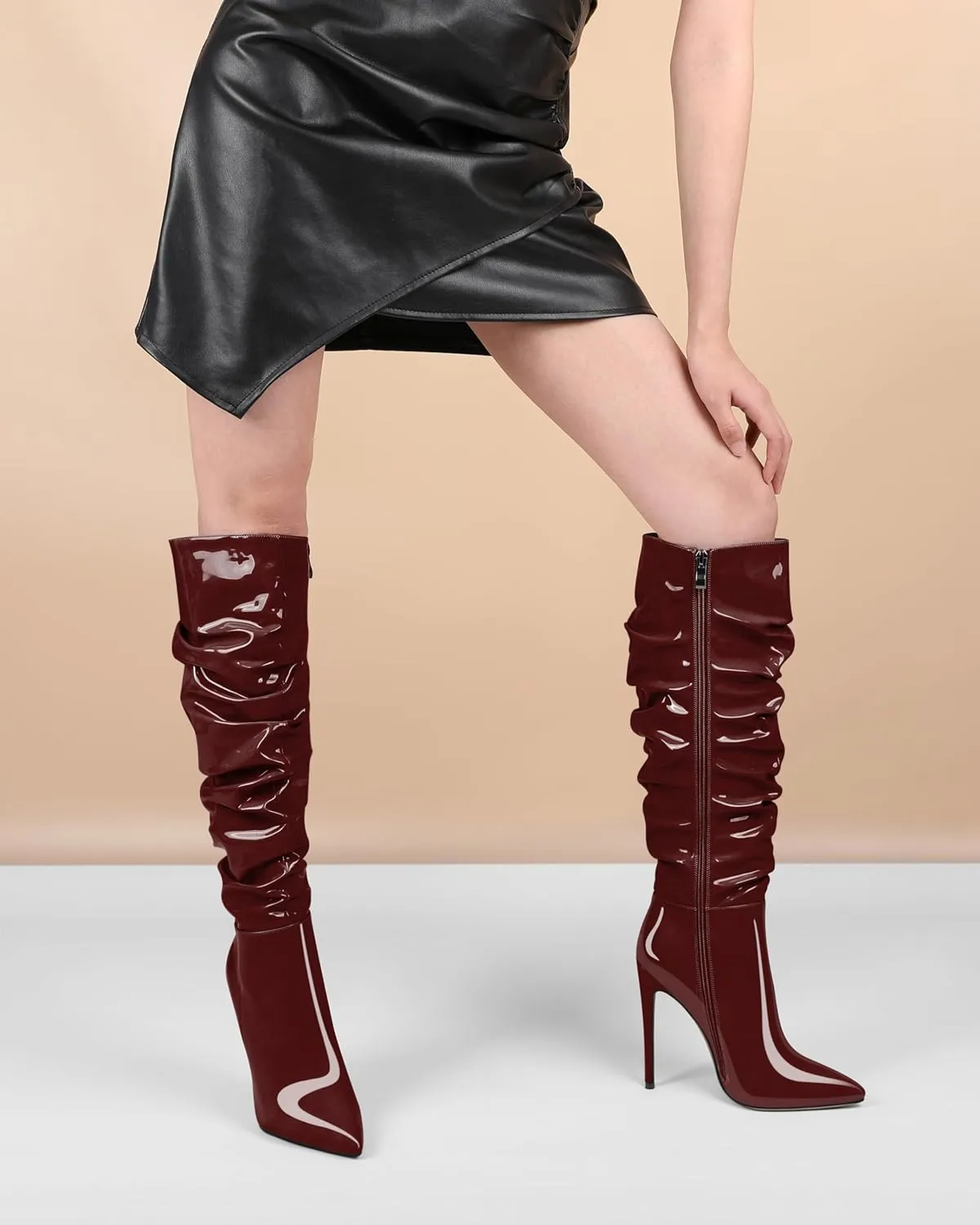 AUMOTED Knee High Boots for Women Stiletto Heel Womens Boots Side Zipper Slouchy High Boots for Women 4.7 Inch Heeled Boots