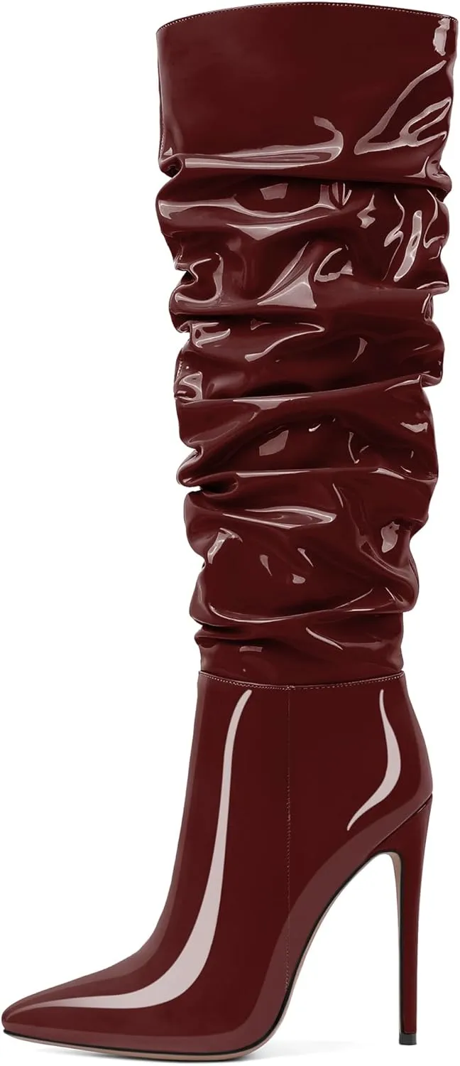 AUMOTED Knee High Boots for Women Stiletto Heel Womens Boots Side Zipper Slouchy High Boots for Women 4.7 Inch Heeled Boots