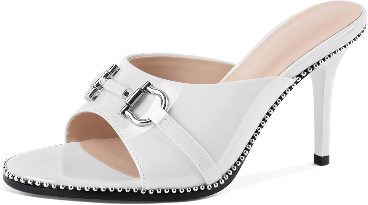 AUMOTED Peep Open Toe Sandals Women Stiletto High Heels Beaded Sandals Slip On Wedding Office Cute Basic Classic 3.1 Inches Summer Heels
