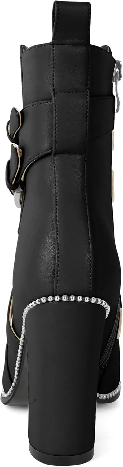 AUMOTED Womens Pointed Toe Beaded Chunky Ankle Boots Side Zipper 3.5 Inches High Heel Western Boots